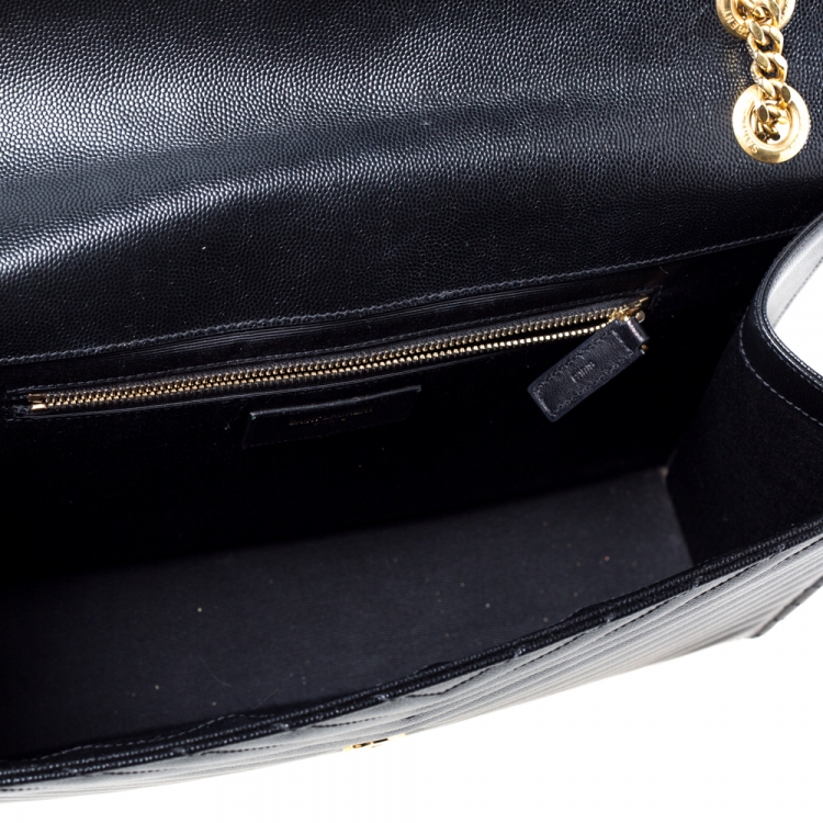 Pre Owned Saint Laurent Black Chevron Quilted Leather Monogram Envelope Shoulder Bag