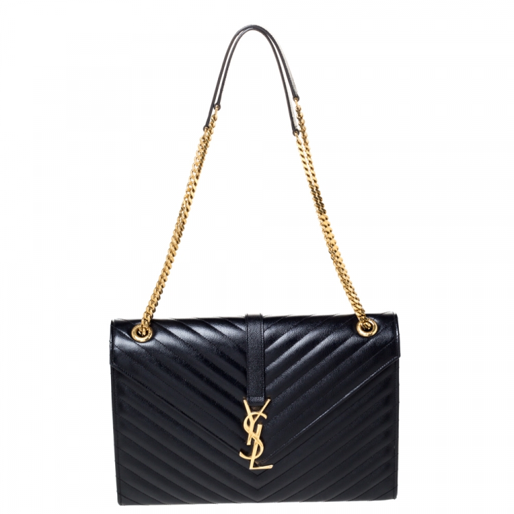 Pre Owned Saint Laurent Black Chevron Quilted Leather Monogram Envelope Shoulder Bag