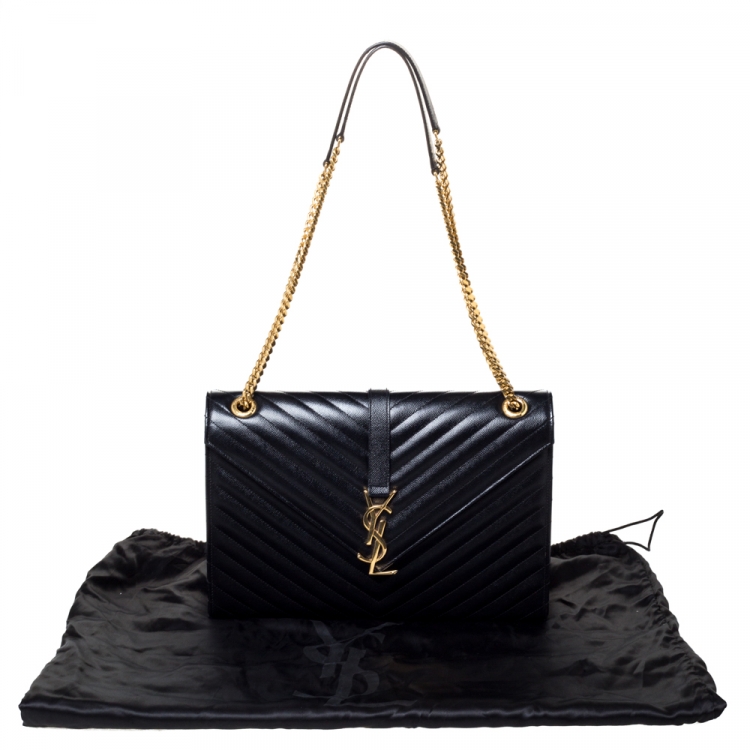 Pre Owned Saint Laurent Black Chevron Quilted Leather Monogram Envelope Shoulder Bag
