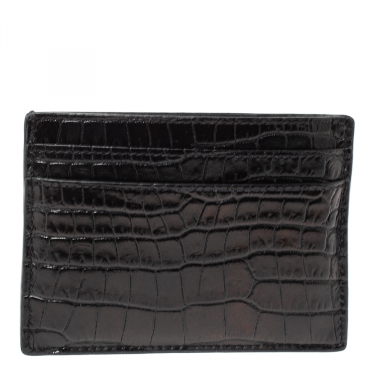 Pre Owned Saint Laurent Black Croc Embossed Leather Monogram Card Holder