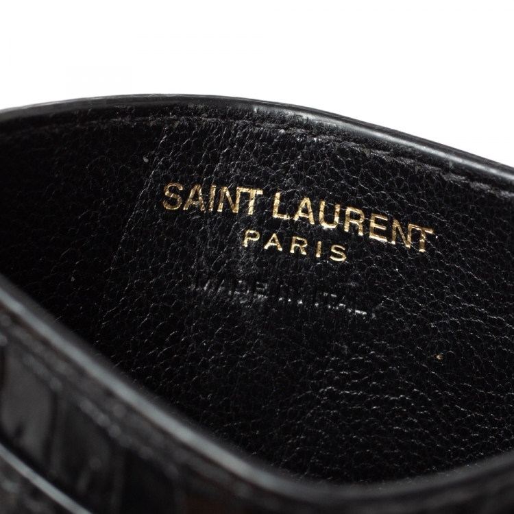 Pre Owned Saint Laurent Black Croc Embossed Leather Monogram Card Holder