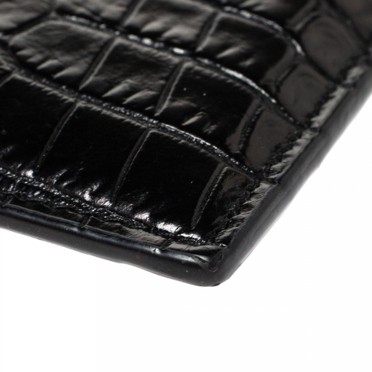 Pre Owned Saint Laurent Black Croc Embossed Leather Monogram Card Holder