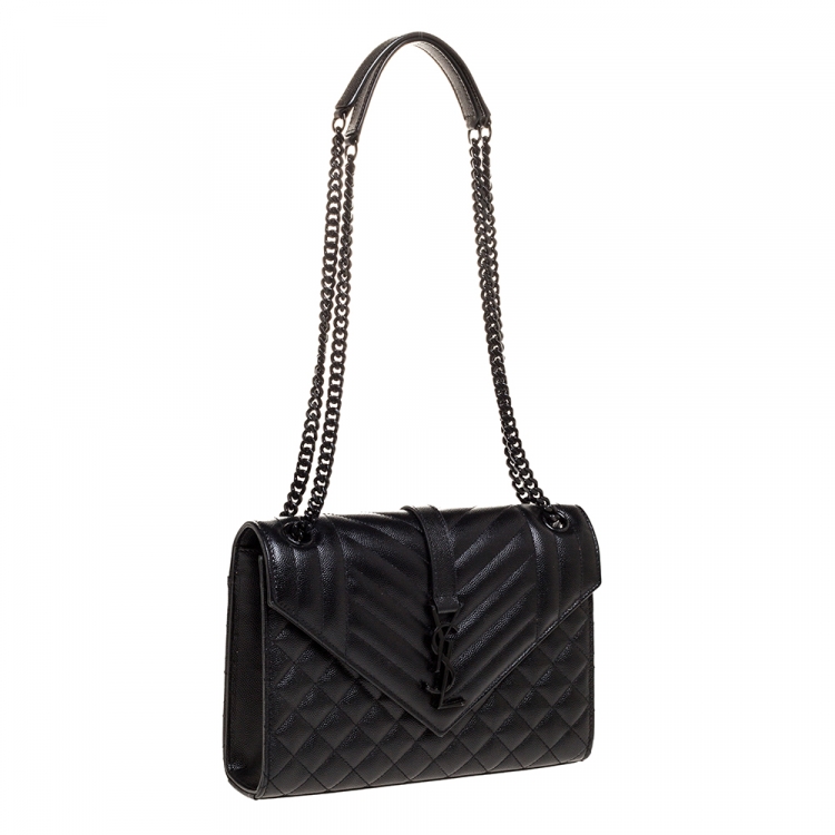 Pre Owned Saint Laurent Black Mix Matelasse Leather Medium Envelope Shoulder Bag
