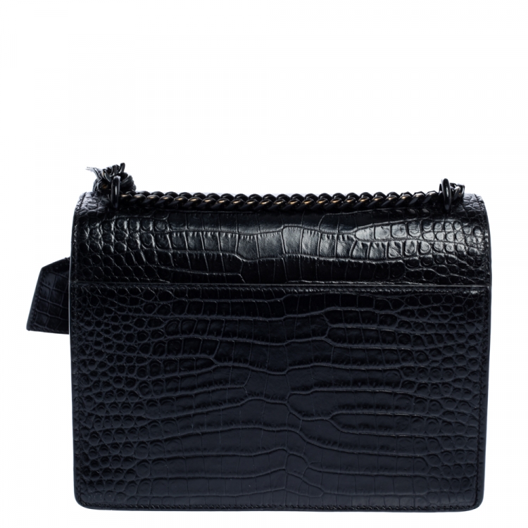 Pre Owned Saint Laurent Black Croc Embossed Leather Medium Sunset Shoulder Bag