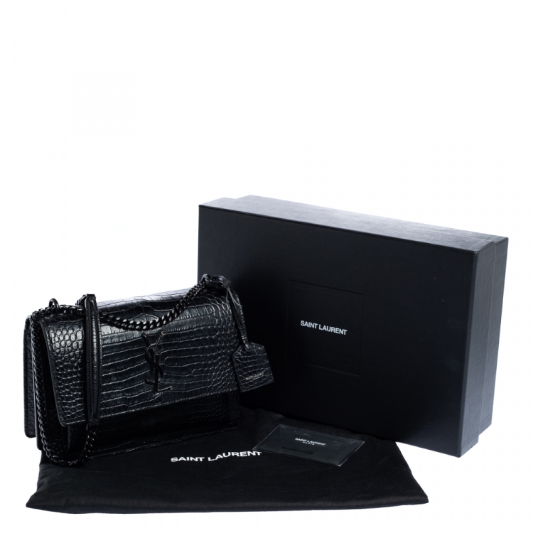 Pre Owned Saint Laurent Black Croc Embossed Leather Medium Sunset Shoulder Bag