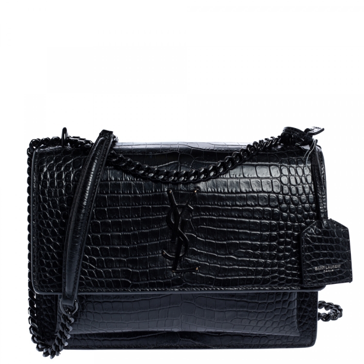 Saint Laurent Medium Sunset Croc Embossed Leather Bag In Black