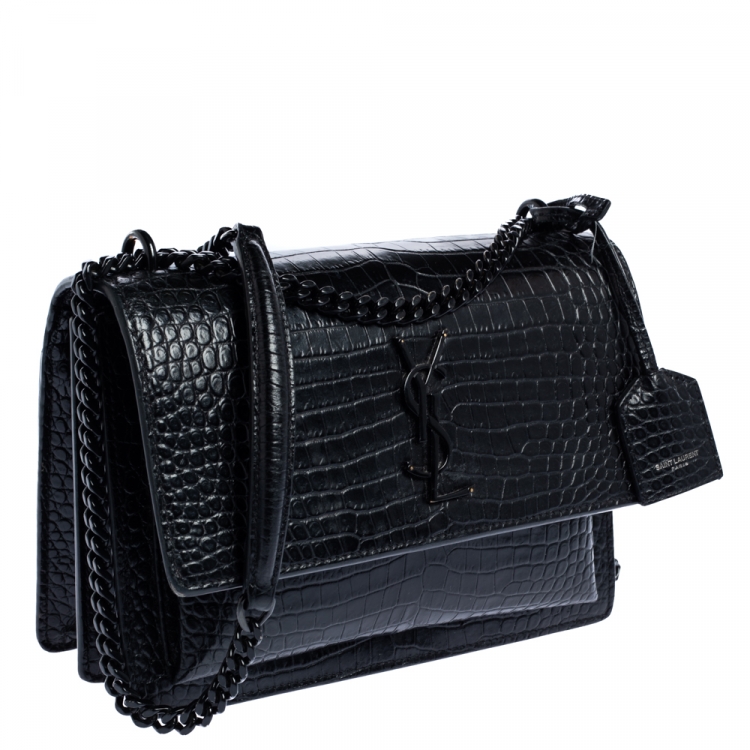 Pre Owned Saint Laurent Black Croc Embossed Leather Medium Sunset Shoulder Bag