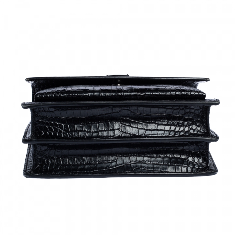 Pre Owned Saint Laurent Black Croc Embossed Leather Medium Sunset Shoulder Bag