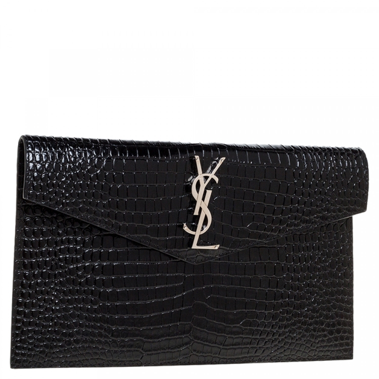 Pre Owned Saint Laurent Black Croc Embossed Leather Uptown Clutch