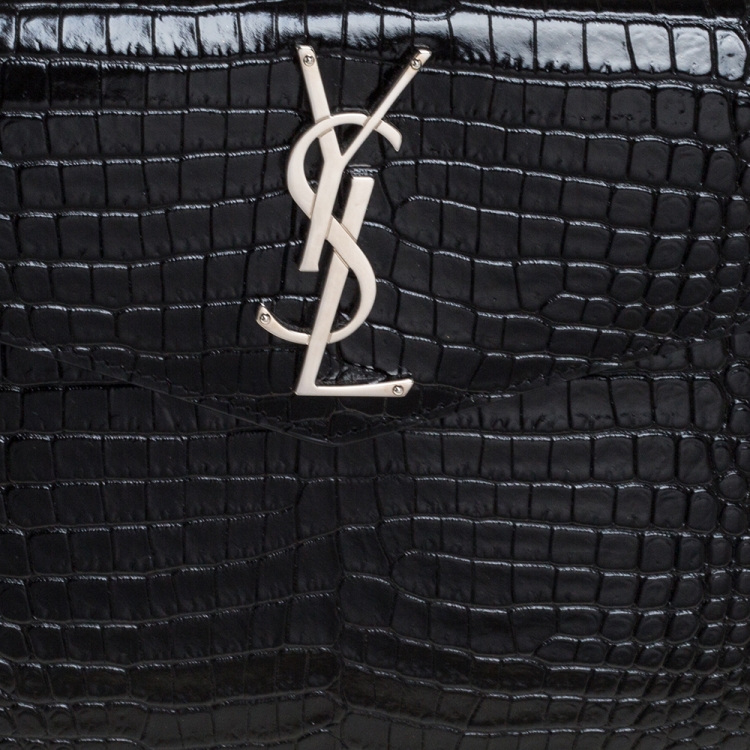 Pre Owned Saint Laurent Black Croc Embossed Leather Uptown Clutch