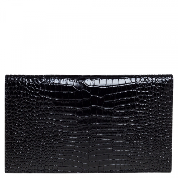 Pre Owned Saint Laurent Black Croc Embossed Leather Uptown Clutch