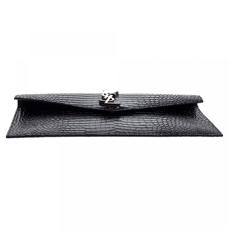 Pre Owned Saint Laurent Black Croc Embossed Leather Uptown Clutch