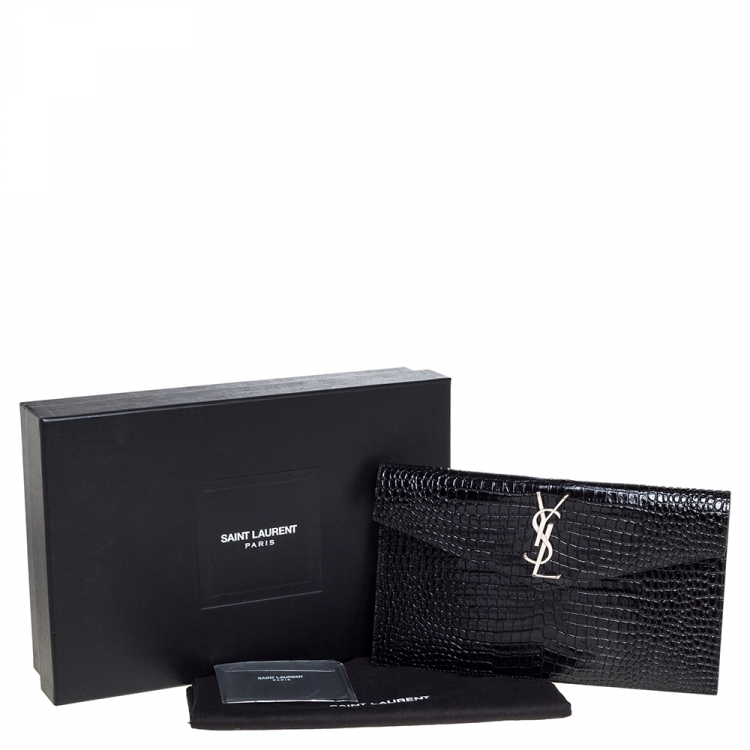 Pre Owned Saint Laurent Black Croc Embossed Leather Uptown Clutch