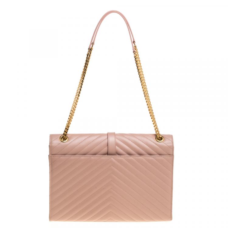 Pre Owned Saint Laurent Peach Matelasse Leather Large Cassandre Flap Bag