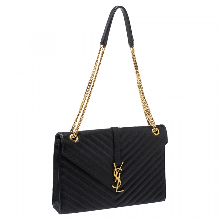 Pre Owned Saint Laurent Black Chevron Quilted Leather Monogram Envelope Shoulder Bag
