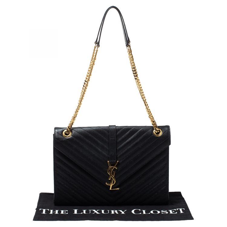 Pre Owned Saint Laurent Black Chevron Quilted Leather Monogram Envelope Shoulder Bag