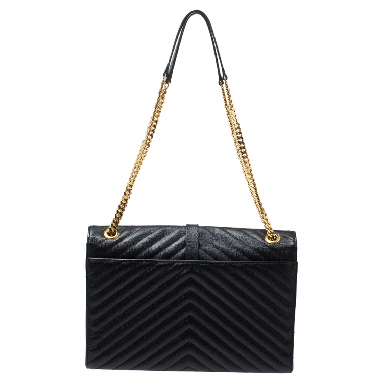 Pre Owned Saint Laurent Black Chevron Quilted Leather Monogram Envelope Shoulder Bag