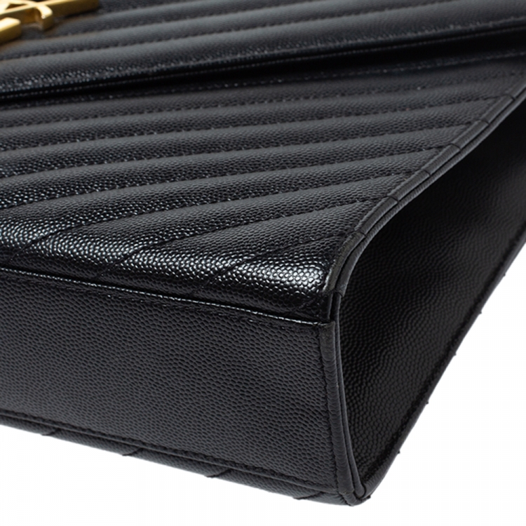 Pre Owned Saint Laurent Black Chevron Quilted Leather Monogram Envelope Shoulder Bag
