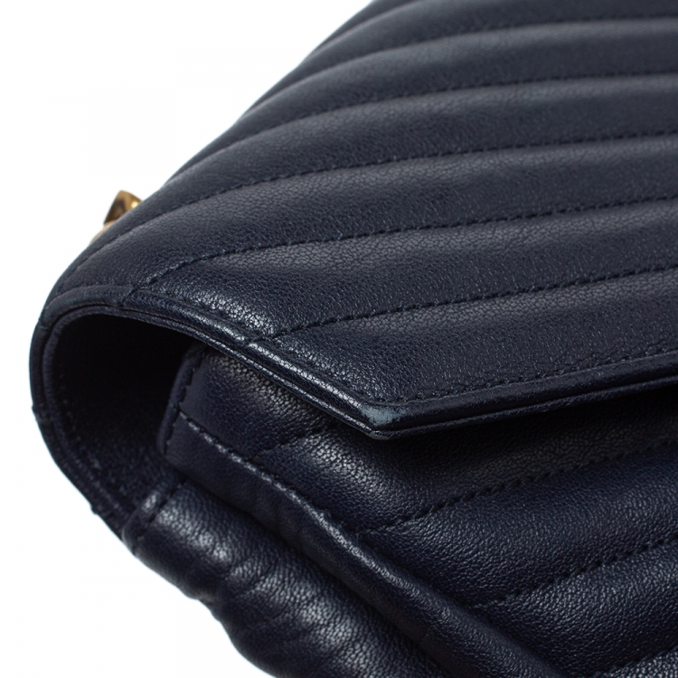 Pre Owned Saint Laurent Navy Blue Matelasse Leather Large College Top Handle Bag