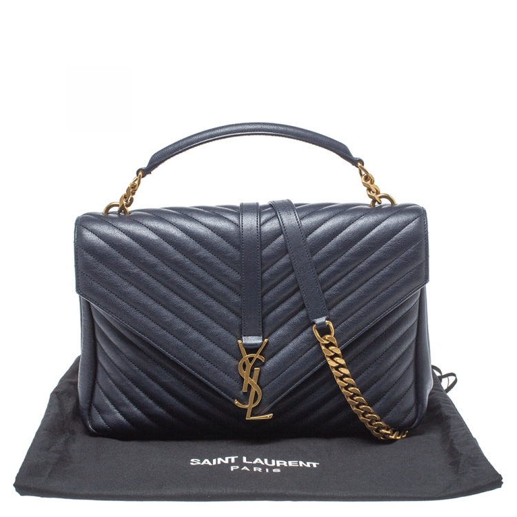 Pre Owned Saint Laurent Navy Blue Matelasse Leather Large College Top Handle Bag