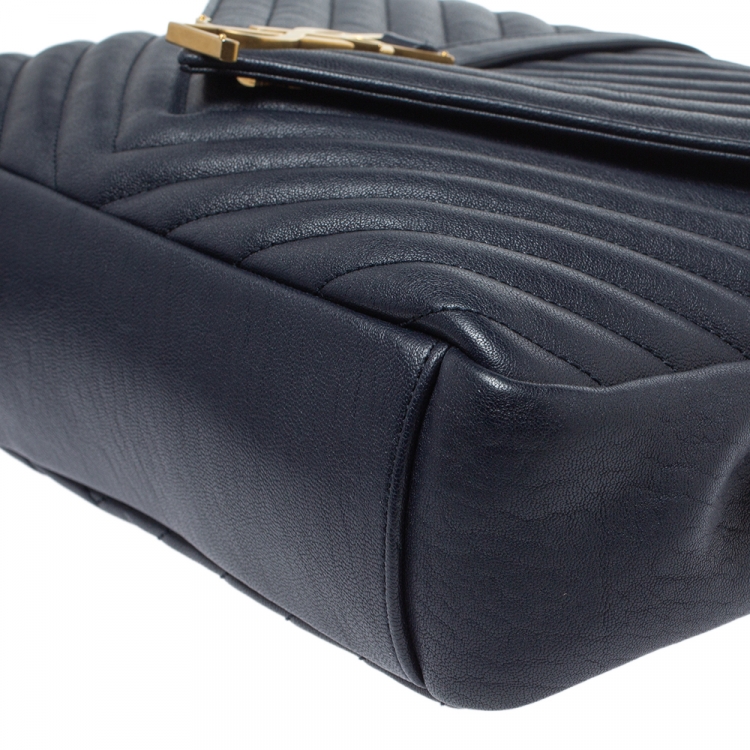 Pre Owned Saint Laurent Navy Blue Matelasse Leather Large College Top Handle Bag