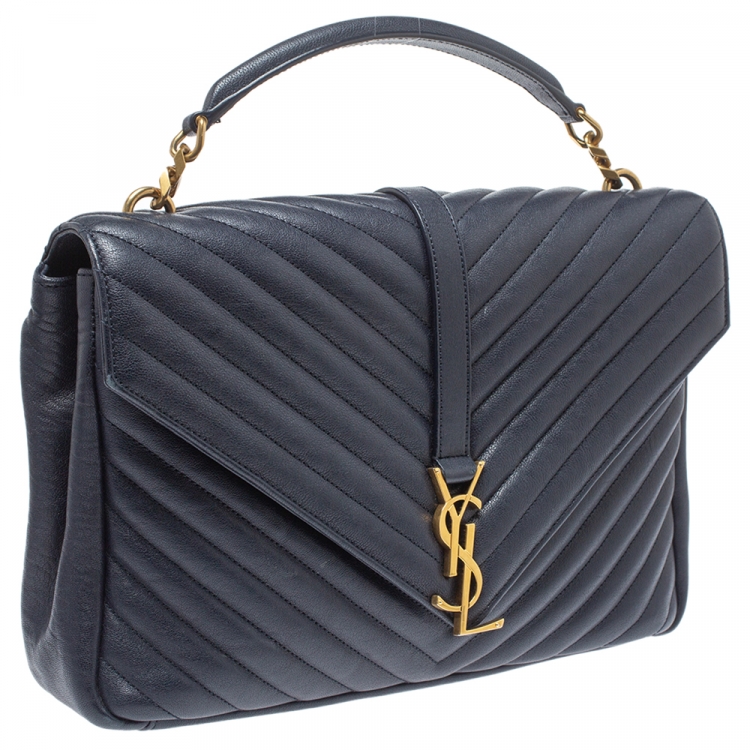 Pre Owned Saint Laurent Navy Blue Matelasse Leather Large College Top Handle Bag