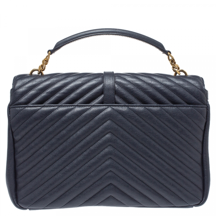 Pre Owned Saint Laurent Navy Blue Matelasse Leather Large College Top Handle Bag