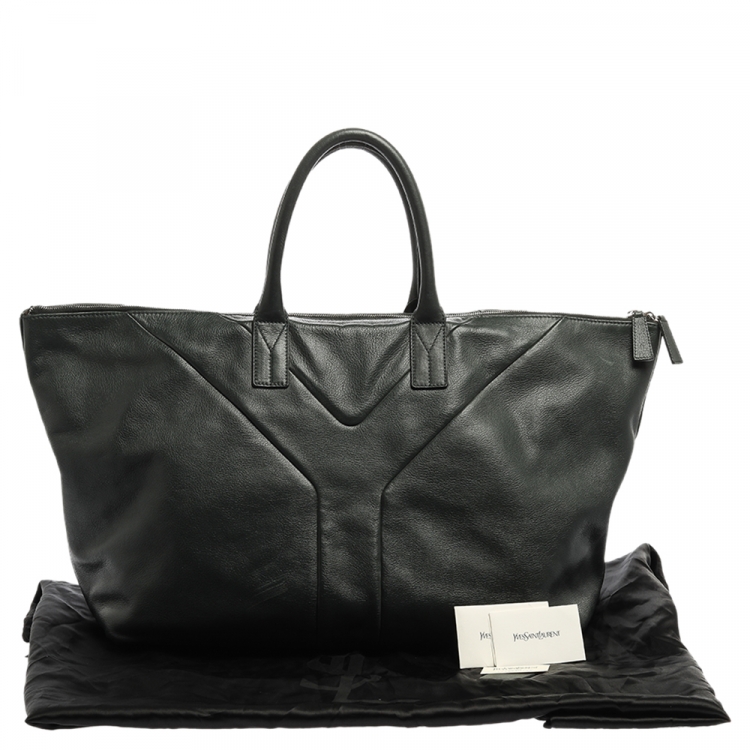 Pre Owned Saint Laurent Green Leather Sac Hamptons Weekender Bag