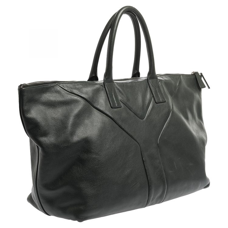 Pre Owned Saint Laurent Green Leather Sac Hamptons Weekender Bag