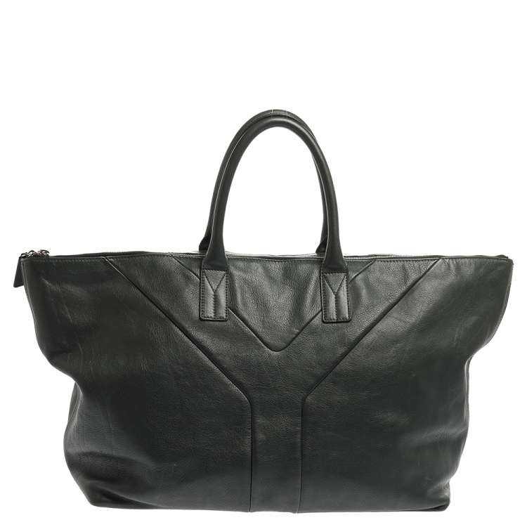 Pre Owned Saint Laurent Green Leather Sac Hamptons Weekender Bag