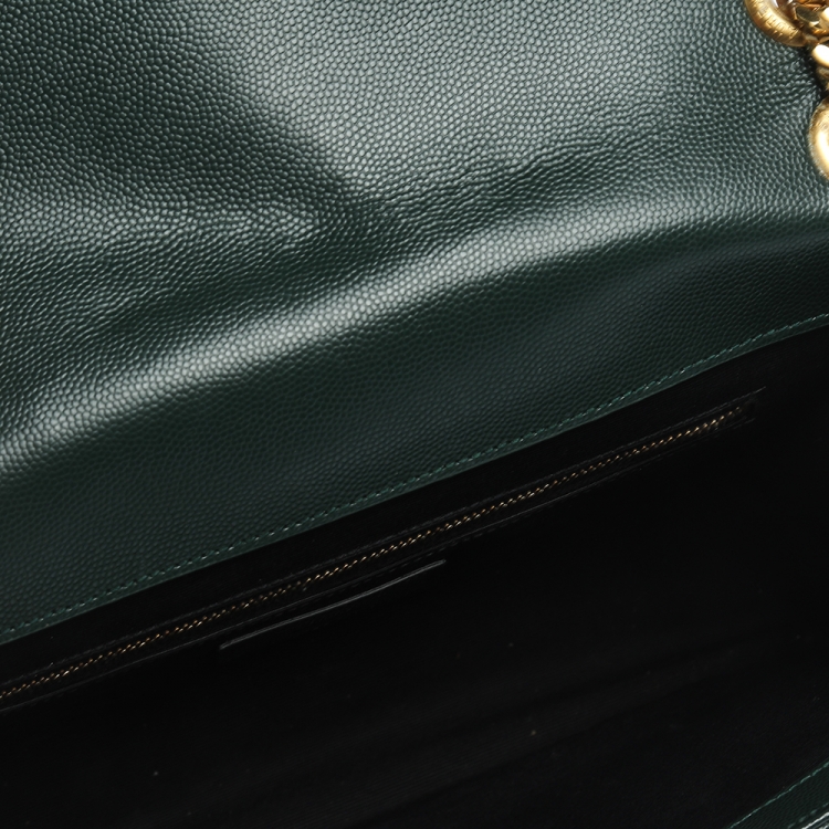 Pre Owned Saint Laurent Dark Green Chevron Quilted Leather Monogram Envelope Shoulder Bag