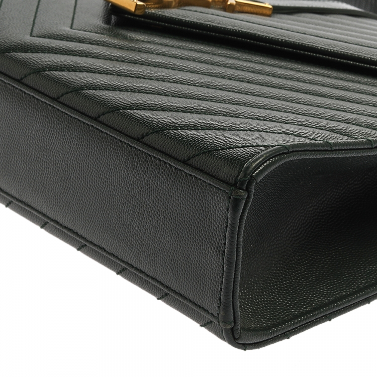 Pre Owned Saint Laurent Dark Green Chevron Quilted Leather Monogram Envelope Shoulder Bag