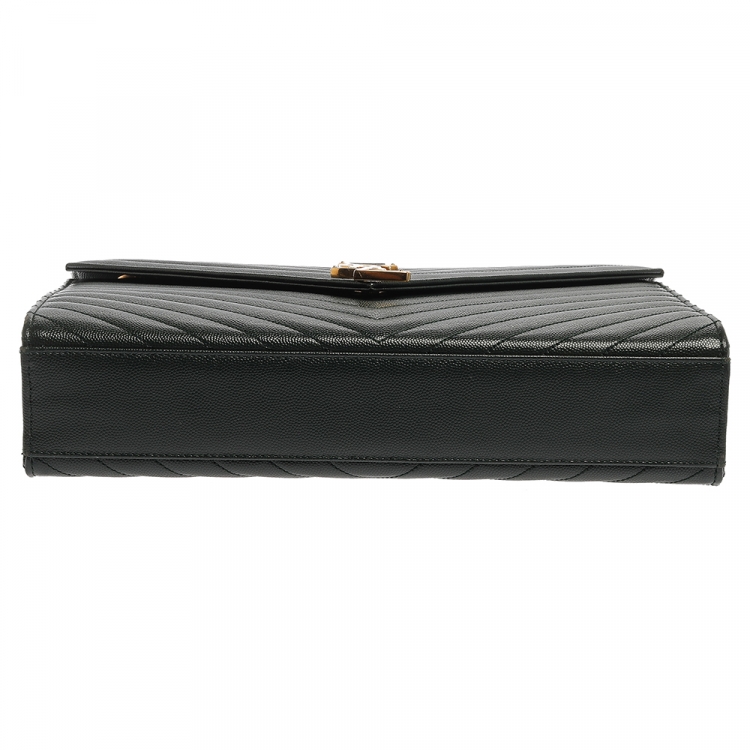 Pre Owned Saint Laurent Dark Green Chevron Quilted Leather Monogram Envelope Shoulder Bag