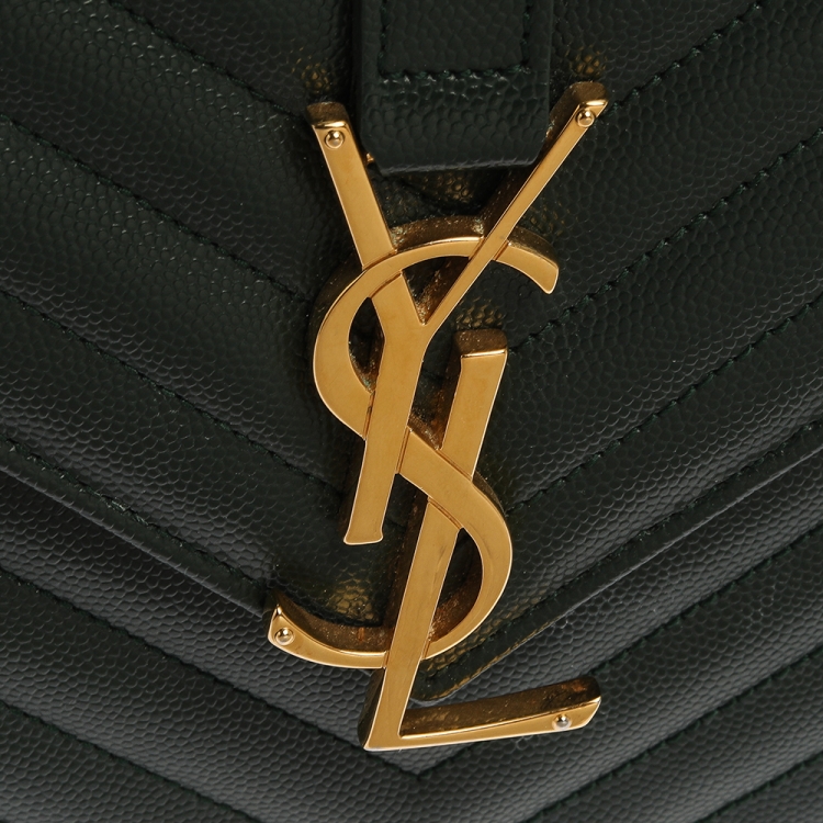 Pre Owned Saint Laurent Dark Green Chevron Quilted Leather Monogram Envelope Shoulder Bag