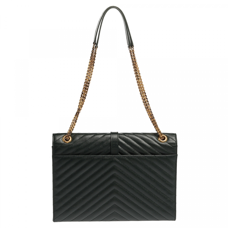 Pre Owned Saint Laurent Dark Green Chevron Quilted Leather Monogram Envelope Shoulder Bag