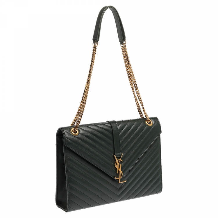 Pre Owned Saint Laurent Dark Green Chevron Quilted Leather Monogram Envelope Shoulder Bag