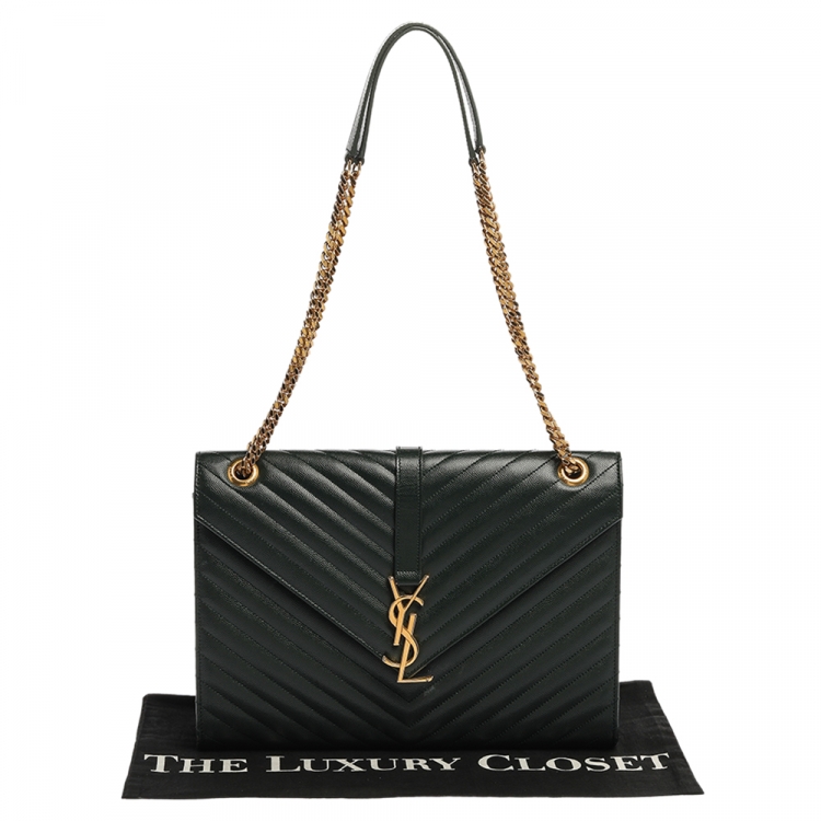 Pre Owned Saint Laurent Dark Green Chevron Quilted Leather Monogram Envelope Shoulder Bag
