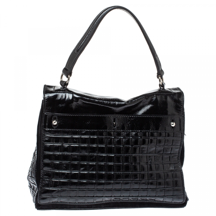 Pre Owned Saint Laurent Black Patent Leather Grid Muse Two Top Handle Bag 