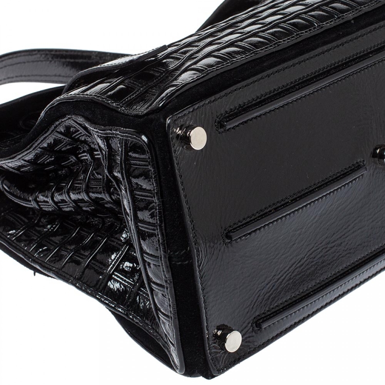 Pre Owned Saint Laurent Black Patent Leather Grid Muse Two Top Handle Bag 