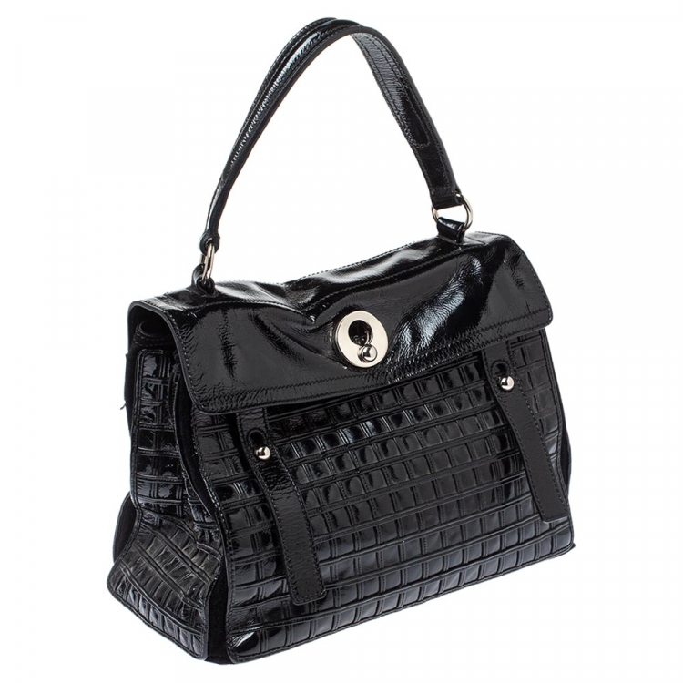 Pre Owned Saint Laurent Black Patent Leather Grid Muse Two Top Handle Bag 