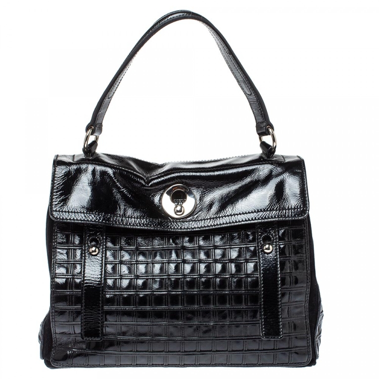 Pre Owned Saint Laurent Black Patent Leather Grid Muse Two Top Handle Bag 