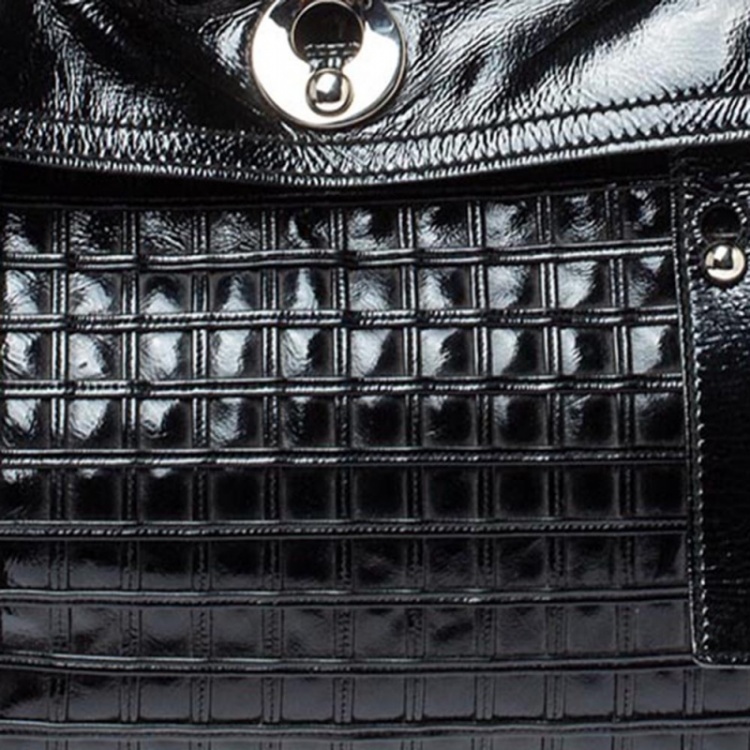 Pre Owned Saint Laurent Black Patent Leather Grid Muse Two Top Handle Bag 