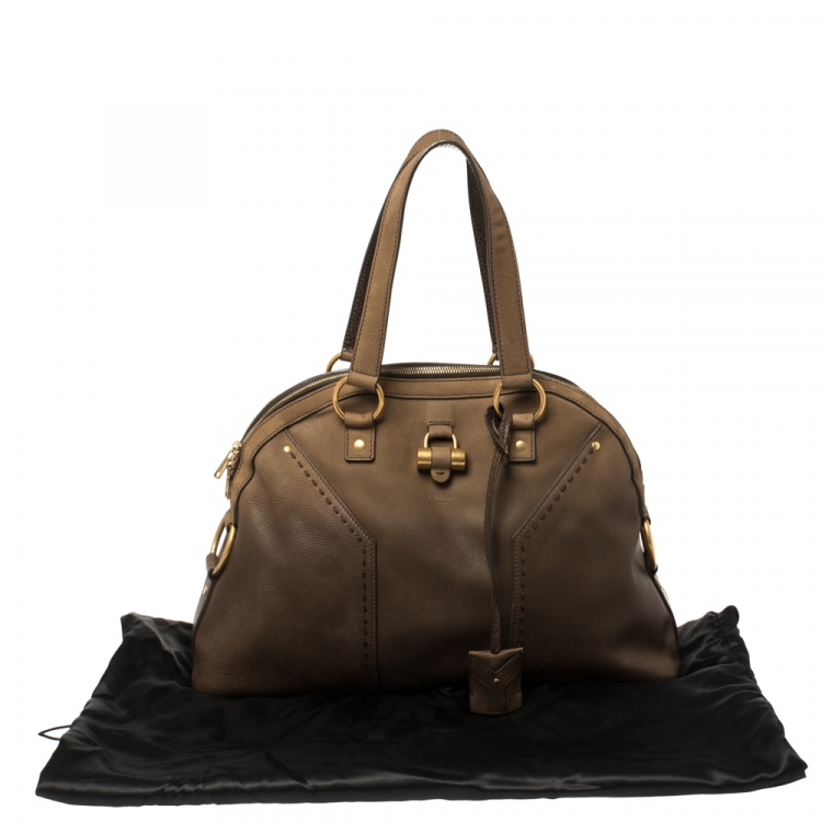 Pre Owned Saint Laurent Oilve Green Leather Large Muse Bag