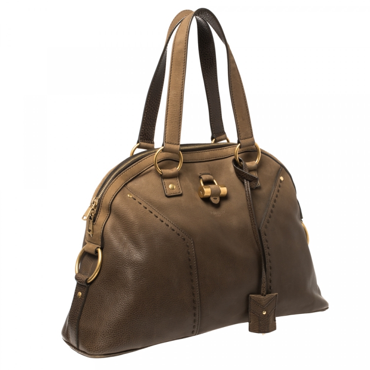Pre Owned Saint Laurent Oilve Green Leather Large Muse Bag