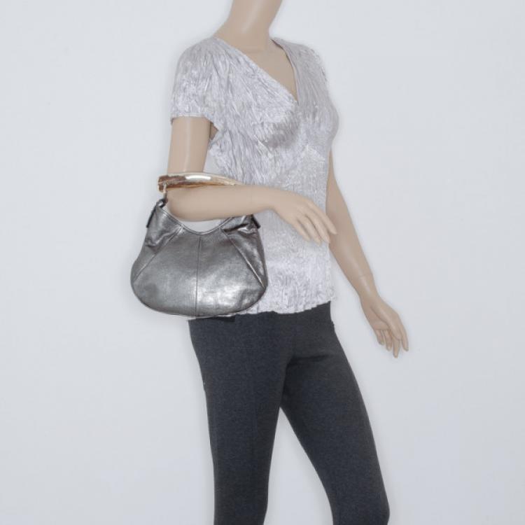 Pre Owned Yves Saint Laurent Silver Leather Mini Mombasa Hobo