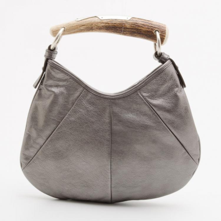 Pre Owned Yves Saint Laurent Silver Leather Mini Mombasa Hobo