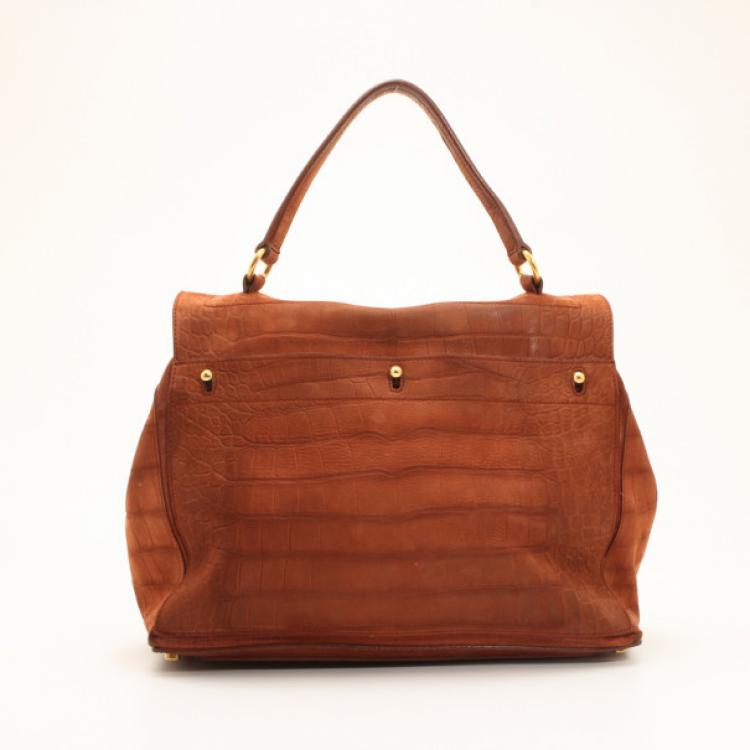 Pre Owned Yves Saint Laurent Brown Croc Embossed Muse Two Satchel
