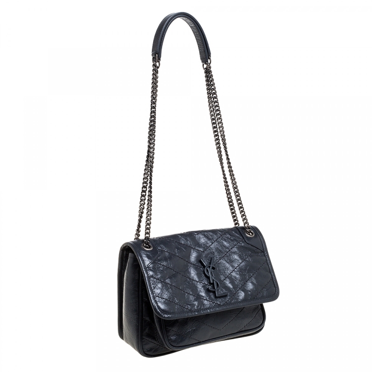 Pre Owned Saint Laurent Dust Grey Leather Baby Niki Flap Shoulder Bag