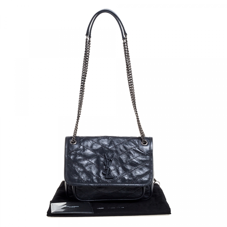 Pre Owned Saint Laurent Dust Grey Leather Baby Niki Flap Shoulder Bag
