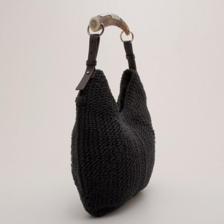 Pre Owned Yves Saint Laurent Black Woven Straw Mombosa Hobo